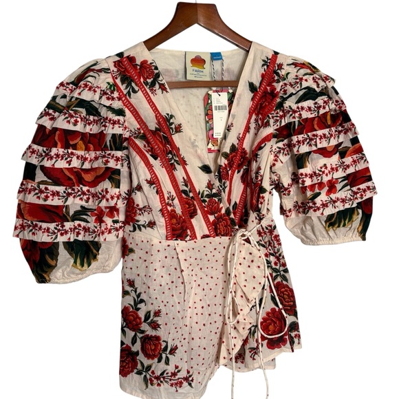 NWT Farm Rio x Anthropologie Vibrant Red Floral Wrap Top Size S Puff Sleeve - Picture 5 of 14